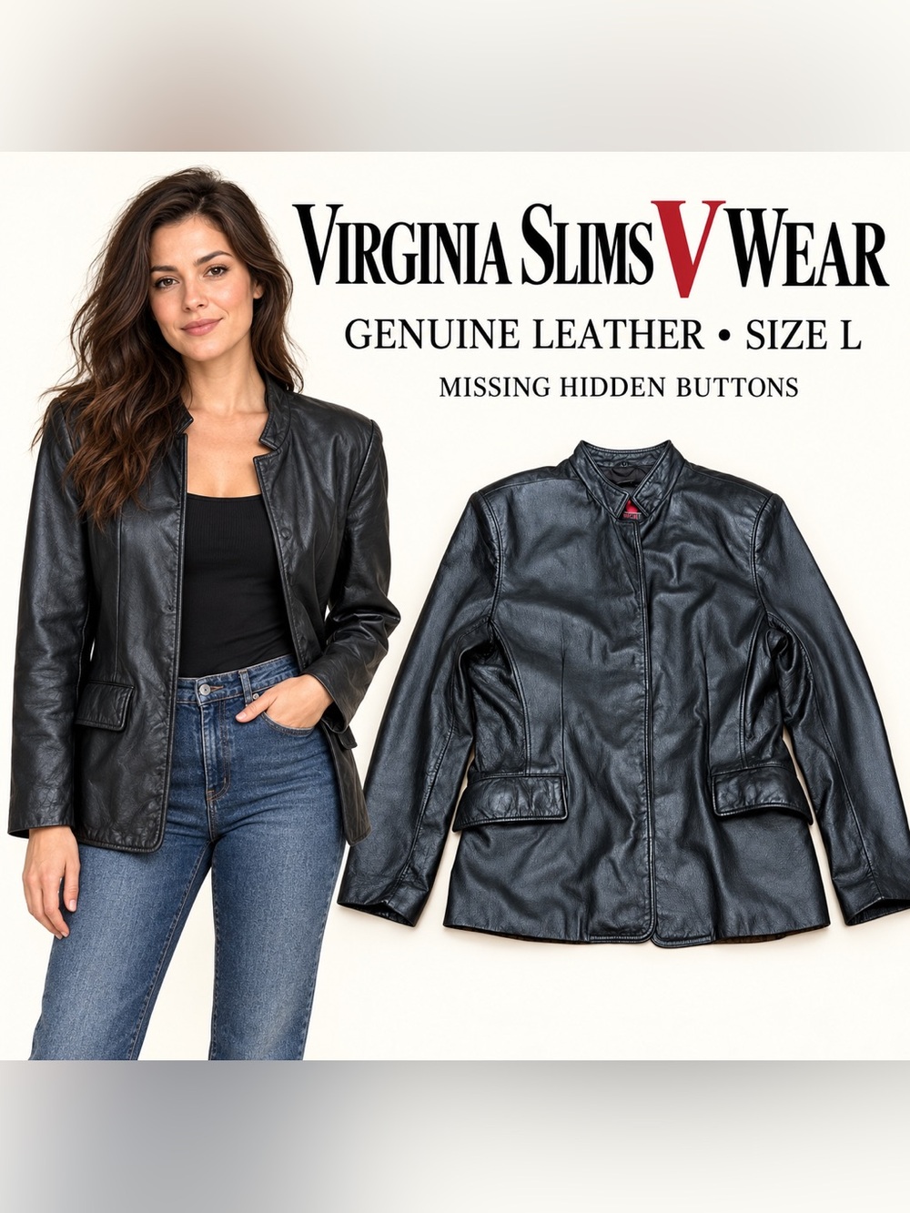 Vintage Virginia Slims V Wear Black Leather Coat Women’s Large Shoulder Pads